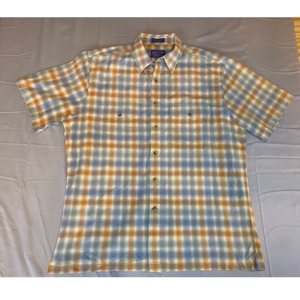 Pendleton Hiker Shirt Mens Large Blue Orange Plaid Excellent Short Sleeve Cotton